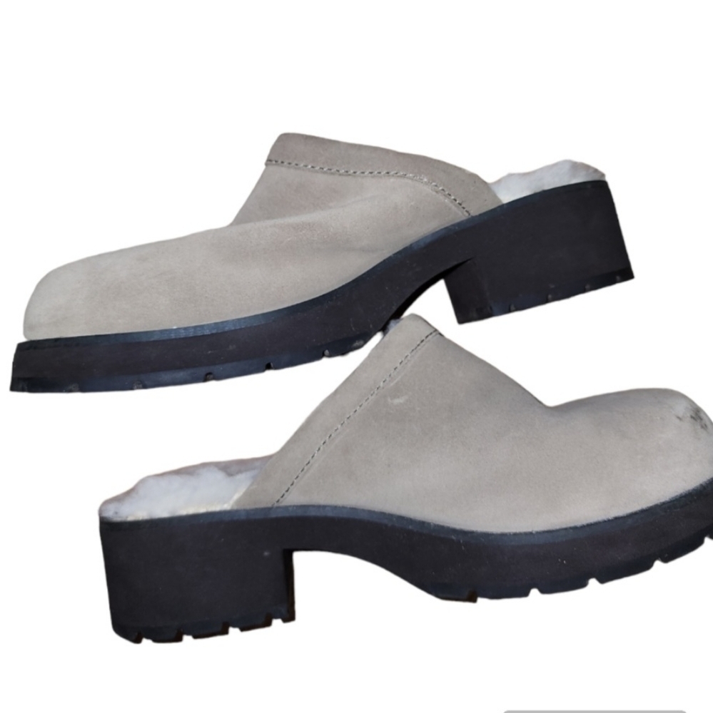 Women's Simple Clogs US 10 Beige Taupe Leather Upper Wool Lining 90s Vibe